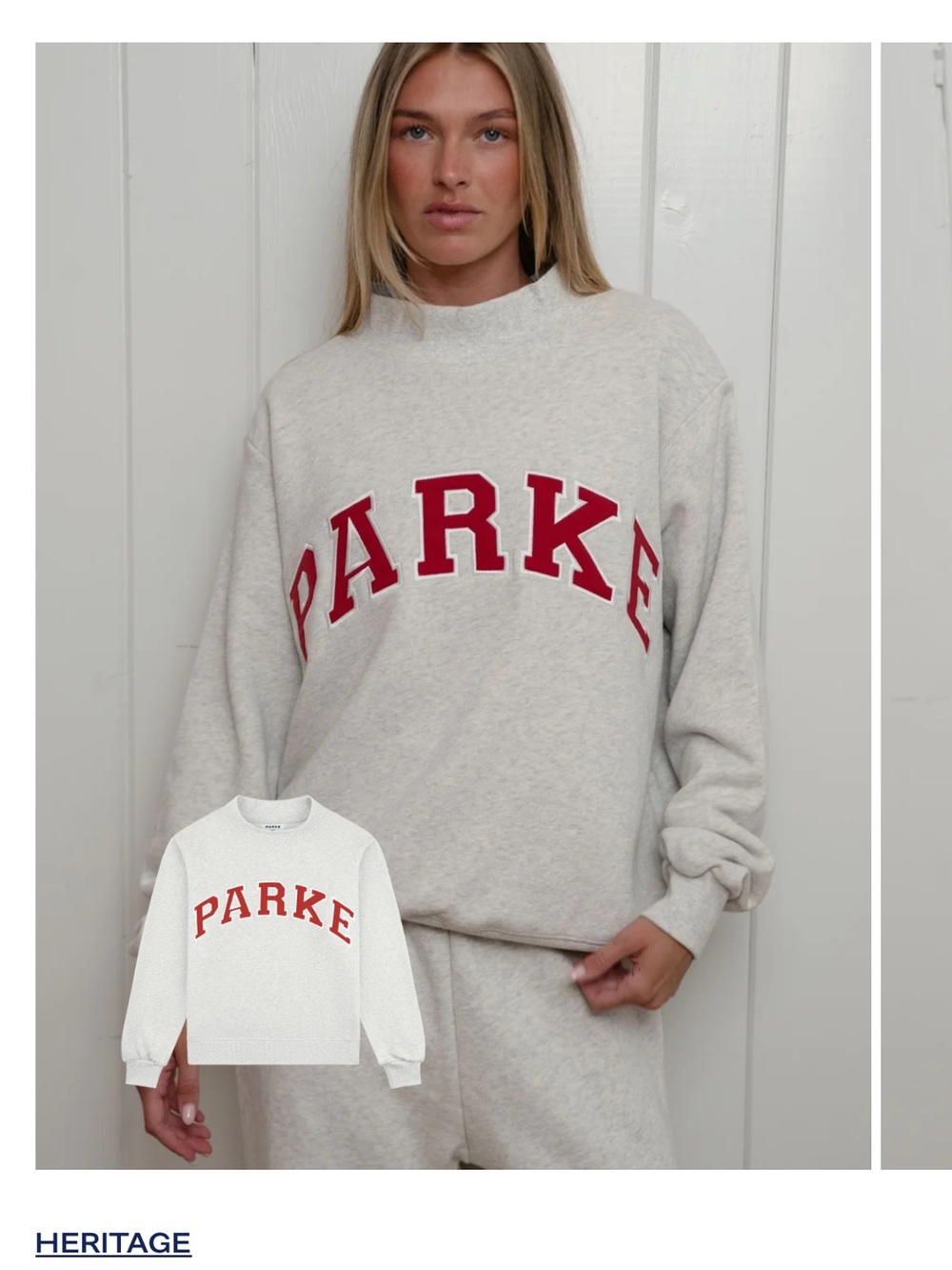 HERITAGE PARKe Arch Logo Crewneck Sweatshirt in Light Gray with Red Lettering